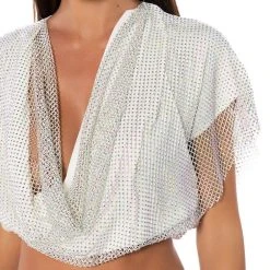 INDIGO DRAPED RHINESTONE MESH BLOUSE IN WHITE -helmut shop indigo draped rhinestone mesh blouse in white white 6 6