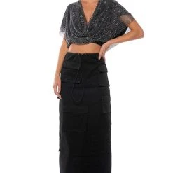 INDIGO DRAPED RHINESTONE MESH BLOUSE -helmut shop indigo draped rhinestone mesh blouse black 2 2