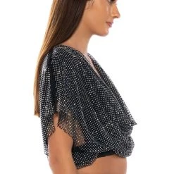 INDIGO DRAPED RHINESTONE MESH BLOUSE -helmut shop indigo draped rhinestone mesh blouse black 3 3