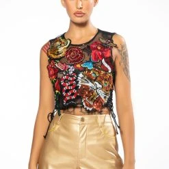 INKED SLEEVELESS SEQUIN APPLIQUE CROP TOP -helmut shop inked sleeveless sequin applique crop top multi 5 5