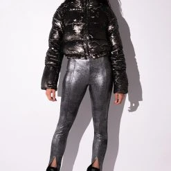 INTO THE NIGHT METALLIC SPLIT HEM PANT -helmut shop into the night metallic split hem pant black silver 7 7