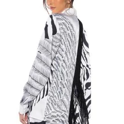 INTO THE NIGHT SATIN BUTTON DOWN WITH FRINGE -helmut shop into the night satin button down with fringe black white 2 2