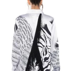 INTO THE NIGHT SATIN BUTTON DOWN WITH FRINGE -helmut shop into the night satin button down with fringe black white 6 6