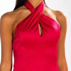 INVITE ONLY SATIN HALTERNECK ROMPER -helmut shop invite only satin halterneck romper fuchsia 6 6