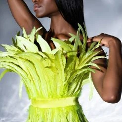 ISLA STATEMENT STRAPLESS FEATHER TOP -helmut shop isla statement strapless feather top yellow 4 4 c1