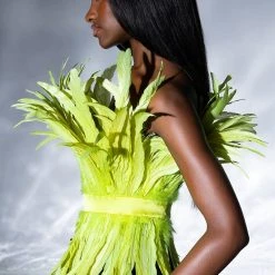 ISLA STATEMENT STRAPLESS FEATHER TOP -helmut shop isla statement strapless feather top yellow 5 5 c1