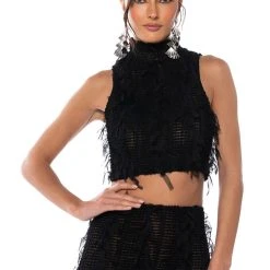 ITS A WRAP MACRAME MESH SLEEVELESS MOCK NECK TOP