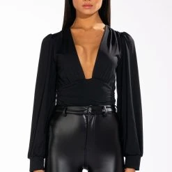 ITS GETTING LATE LONG SLEEVE V NECK CHEEKY BODYSUIT -helmut shop its getting late long sleeve v neck cheeky bodysuit black 3 3