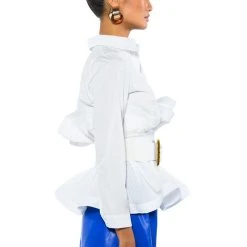 IVY BELTED DETAIL PEPLUM BLOUSE -helmut shop ivy belted detail peplum blouse white 10 10