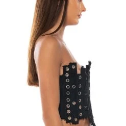 IVY PATCHWORK DENIM CORSET -helmut shop ivy patchwork denim corset black denim 7 7