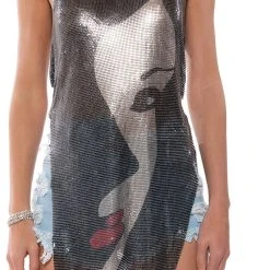 JUST ONE LOOK ASYMMETRICAL HIGH SHINE CHAINMAIL TOP -helmut shop just one look asymmetrical high shine chainmail top black multi 6 6