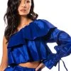 KAMILA ONE SHOULDER STRETCH TAFFETA CROPPED BLOUSE -helmut shop kamila one shoulder stretch taffeta cropped blouse blue 1 1