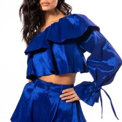 KAMILA ONE SHOULDER STRETCH TAFFETA CROPPED BLOUSE -helmut shop kamila one shoulder stretch taffeta cropped blouse blue 2 2
