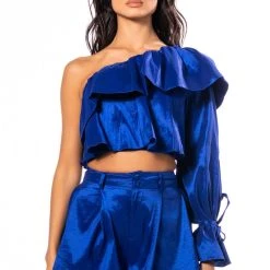 KAMILA ONE SHOULDER STRETCH TAFFETA CROPPED BLOUSE -helmut shop kamila one shoulder stretch taffeta cropped blouse blue 4 4