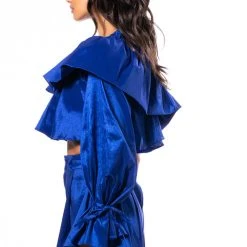 KAMILA ONE SHOULDER STRETCH TAFFETA CROPPED BLOUSE -helmut shop kamila one shoulder stretch taffeta cropped blouse blue 5 5