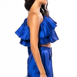 KAMILA ONE SHOULDER STRETCH TAFFETA CROPPED BLOUSE -helmut shop kamila one shoulder stretch taffeta cropped blouse blue 6 6