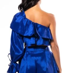 KAMILA ONE SHOULDER STRETCH TAFFETA CROPPED BLOUSE -helmut shop kamila one shoulder stretch taffeta cropped blouse blue 7 7