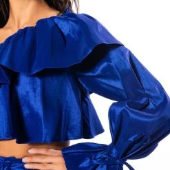 KAMILA ONE SHOULDER STRETCH TAFFETA CROPPED BLOUSE -helmut shop kamila one shoulder stretch taffeta cropped blouse blue 8 8