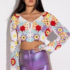 KEEP IT CROCHET TIE FRONT TOP -helmut shop keep it crochet tie front top white multi 3 3