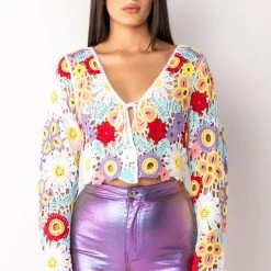 KEEP IT CROCHET TIE FRONT TOP -helmut shop keep it crochet tie front top white multi 6 6