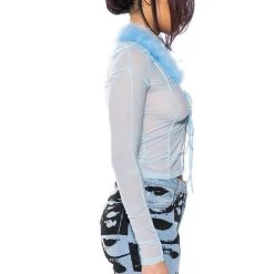 KEEP MY ATTENTION FEATHER DETAIL MESH TOP -helmut shop keep my attention feather detail mesh top blue 5 5