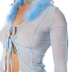 KEEP MY ATTENTION FEATHER DETAIL MESH TOP -helmut shop keep my attention feather detail mesh top blue 7 7