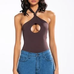 KNOT IN THE MOOD SLEEVELESS CUTOUT HALTER BODYSUIT -helmut shop knot in the mood sleeveless cutout halter bodysuit dark brown 3 3