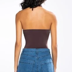 KNOT IN THE MOOD SLEEVELESS CUTOUT HALTER BODYSUIT -helmut shop knot in the mood sleeveless cutout halter bodysuit dark brown 5 5