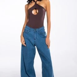 KNOT IN THE MOOD SLEEVELESS CUTOUT HALTER BODYSUIT -helmut shop knot in the mood sleeveless cutout halter bodysuit dark brown 7 7