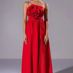 LA FLOR 3D ROSE MAXI DRESS WITH SLIT -helmut shop la flor 3d rose maxi dress with slit red 2 2