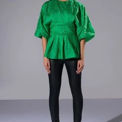 LADIES WHO LUNCH HIGH NECK STATEMENT SLEEVE BLOUSE -helmut shop ladies who lunch high neck statement sleeve blouse green 2 2