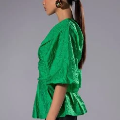 LADIES WHO LUNCH HIGH NECK STATEMENT SLEEVE BLOUSE -helmut shop ladies who lunch high neck statement sleeve blouse green 3 3