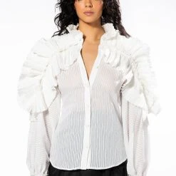 LADY LUCK LONG SLEEVE RUFFLE BUTTON DOWN BLOUSE -helmut shop lady luck long sleeve ruffle button down blouse white 3 3