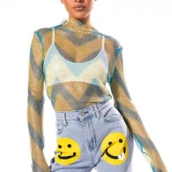 LASTING IMPRESSION LONG SLEEVE MOCK NECK RHINESTONE MESH TOP -helmut shop lasting impression long sleeve mock neck rhinestone mesh top blue multi 1 1 c1 c1