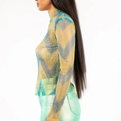 LASTING IMPRESSION LONG SLEEVE MOCK NECK RHINESTONE MESH TOP -helmut shop lasting impression long sleeve mock neck rhinestone mesh top blue multi 5 5