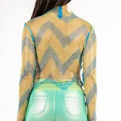 LASTING IMPRESSION LONG SLEEVE MOCK NECK RHINESTONE MESH TOP -helmut shop lasting impression long sleeve mock neck rhinestone mesh top blue multi 6 6