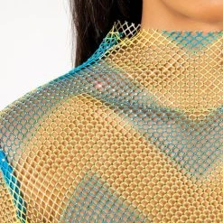 LASTING IMPRESSION LONG SLEEVE MOCK NECK RHINESTONE MESH TOP -helmut shop lasting impression long sleeve mock neck rhinestone mesh top blue multi 7 7