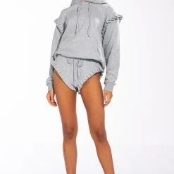 LAZY DAYZ RUFFLE DETAIL BOOTY SHORT -helmut shop lazy dayz ruffle detail booty short heather grey 3 3