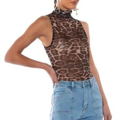LEO SLEEVELESS MESH BODYSUIT -helmut shop leo sleeveless mesh bodysuit brown cheetah 2 2