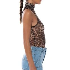 LEO SLEEVELESS MESH BODYSUIT -helmut shop leo sleeveless mesh bodysuit brown cheetah 7 7
