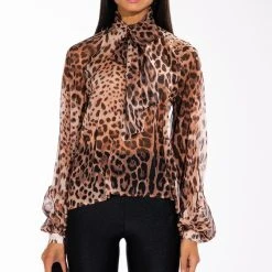 LEVEL UP LONG SLEEVE TIE NECK BLOUSE -helmut shop level up long sleeve tie neck satin blouse brown multi 3 3