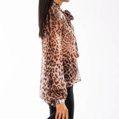 LEVEL UP LONG SLEEVE TIE NECK BLOUSE -helmut shop level up long sleeve tie neck satin blouse brown multi 4 4