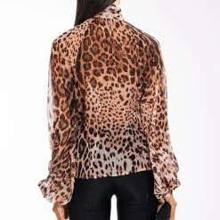 LEVEL UP LONG SLEEVE TIE NECK BLOUSE -helmut shop level up long sleeve tie neck satin blouse brown multi 5 5