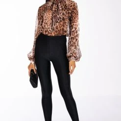 LEVEL UP LONG SLEEVE TIE NECK BLOUSE -helmut shop level up long sleeve tie neck satin blouse brown multi 7 7