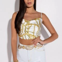LINK UP SLEEVELESS CROPPED SATIN COWL NECK TANK -helmut shop link up sleeveless cropped satin cowl neck tank white multi 2 2