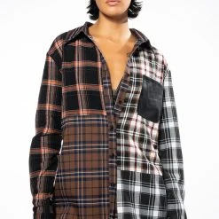 LITHIUM LONG SLEEVE PATCHWORK FLANNEL BUTTON DOWN -helmut shop lithium long sleeve patchwork flannel button down brown multi 2 2 c1