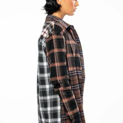 LITHIUM LONG SLEEVE PATCHWORK FLANNEL BUTTON DOWN -helmut shop lithium long sleeve patchwork flannel button down brown multi 4 4 c1