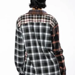 LITHIUM LONG SLEEVE PATCHWORK FLANNEL BUTTON DOWN -helmut shop lithium long sleeve patchwork flannel button down brown multi 6 6 c1