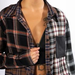 LITHIUM LONG SLEEVE PATCHWORK FLANNEL BUTTON DOWN -helmut shop lithium long sleeve patchwork flannel button down brown multi 7 7 c1