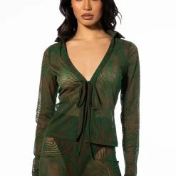 LIVIN ON A PRAYER TIE FRONT MESH BLOUSE -helmut shop livin on a prayer tie front mesh blouse green multi 3 3